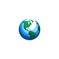 Obraz premium Simplified graphic of planet Earth with continents in green, surrounded by ocean on a black background