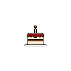 A simple illustration of a layered cake topped with red icing and a lit candle