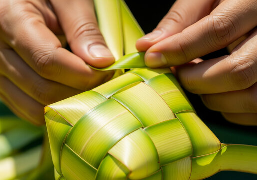 Close up of hands weaving a traditional Indonesian ketupat from young coconut leaves (janur) for Eid al-Fitr celebration
