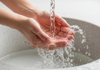 Fototapeta premium Pouring fresh water into cupped hands at stone basin for wudu