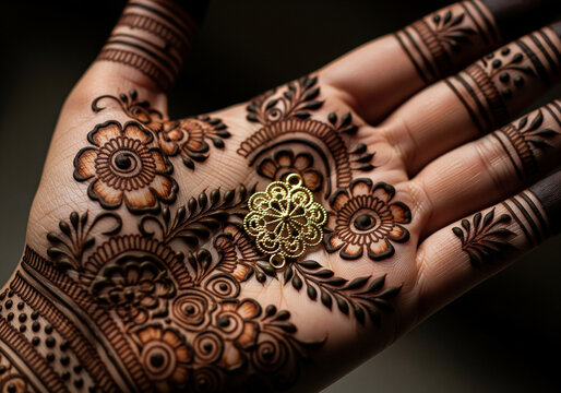 Intricate floral henna mehendi design on female palm with gold jewelry accessory