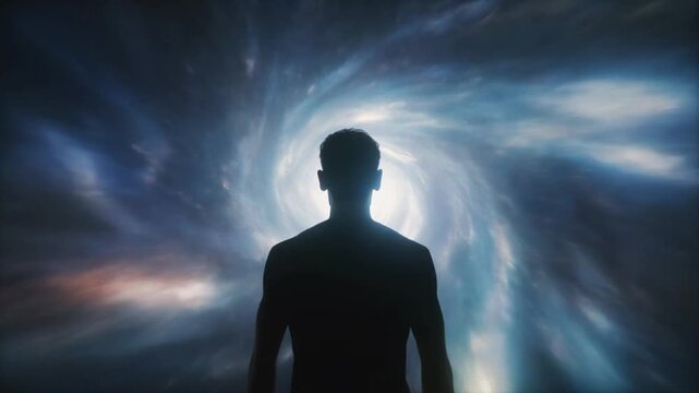 Silhouette Man Looking Into Abstract Cosmic Wormhole Portal Swirl