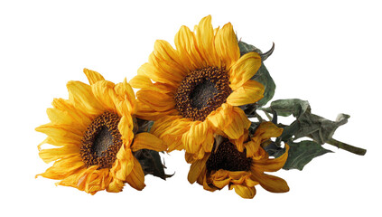 Three sunflowers, golden petals, brown centers, stems, isolated on a transparent background