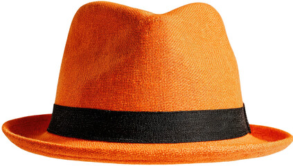 Close-up of an orange fedora hat with a black band, isolated on a transparent background (1)