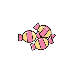 Three wrapped candies with alternating pink and yellow stripes on a pure black background