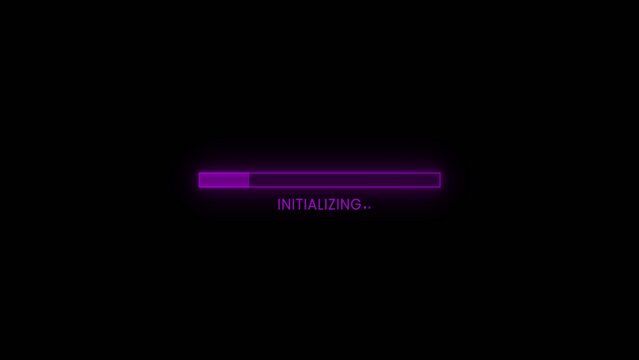 Purple loading progress bar glowing with initializing text on a dark Generate title without using the word "Title:" before it. background