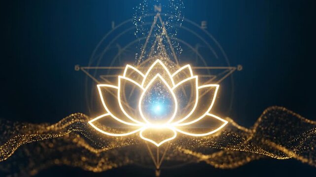 Glowing Golden Lotus Flower with Sacred Geometry Background on Dark Blue Background guru ravidas jayanti