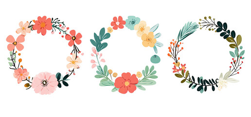 Three colorful watercolor wreaths with assorted floral arrangements, isolated on black background