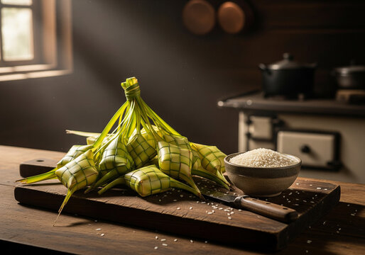Traditional kitchen scene with ketupat rice cakes and raw rice bowl