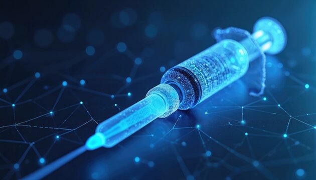 Digital syringe glowing blue with data streams. Represents medical tech, innovation, and data driven healthcare solutions. Futuristic drug delivery concept for science and medicine.