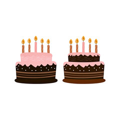 Two cartoon cakes, one pink frosted, other brown frosted, lit candles