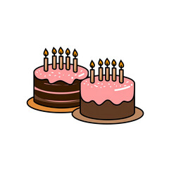 Two cartoon cakes, chocolate layers, pink frosting, lit candles, small round bases, on black background