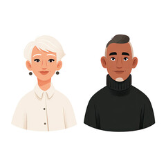 Illustration of two stylized people, a woman with white hair and a man in a black turtleneck