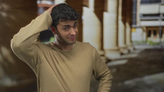 Man rubs head in scratch pose outdoor sporting hispanic young features with an unsure look as a guy displays a sheepish gesture.