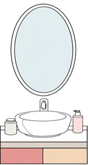 Illustration of a bathroom vanity featuring a large oval mirror and a white basin sink
