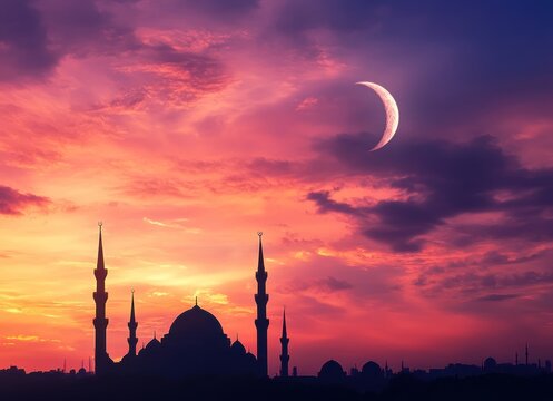 Mosque silhouette under a vibrant, colorful sunset sky