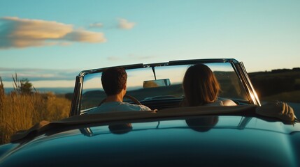 Romantic getaway, Couple driving convertible into the sunset, embracing freedom and adventure on an open road