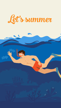 a men diving outdoor activities on summer vacation illustration, underwater blue sea