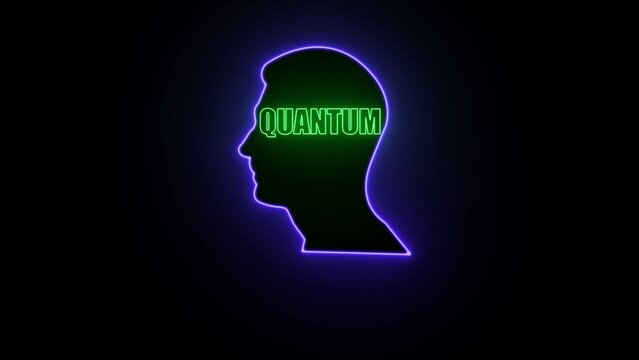 Silhouette of a human head profile with glowing neon green text QUANTUM inside and purple neon outline on dark Generate title without using the word "Title:" before it. background