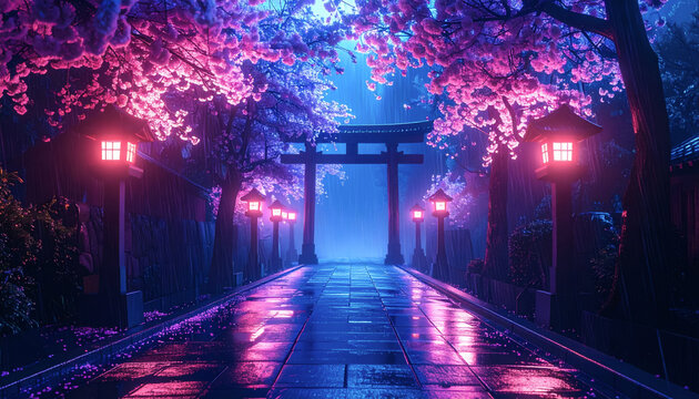 Cherry Blossom Shrine Path with Glowing Lanterns at Night