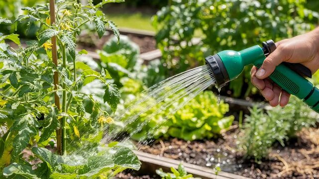 Man watering tomato plant in garden with hose nozzle. Cultivation and care for fresh organic produce. Home gardening for healthy vegetables.