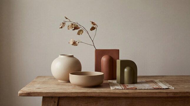 Minimalist Home Decor Ceramic Vases and Sculptural Objects on Wooden Table.