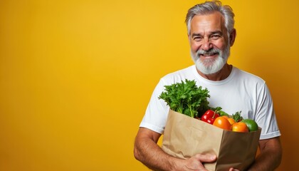 Obraz na płótnie Canvas Mature man with gray beard holds brown paper bag full of fresh groceries. He smiles, standing against a solid yellow background. He has a healthy lifestyle.