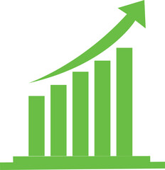 Growing green bar chart with an upward arrow symbolizing business success and progress