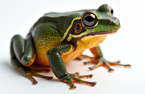 Large green african bullfrog with yellow belly sits on white background. Amphibian looks forward, showing textured skin and bulging eyes. Its webbed feet are visible.