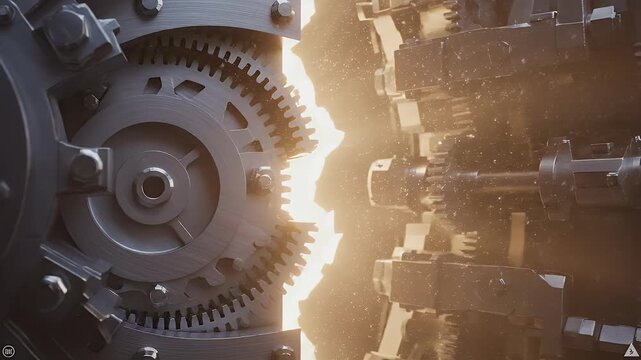Close up of Heavy Metal Gear Mechanism rotating with Sparks representing Unbreakable Cybersecurity - 3D Render