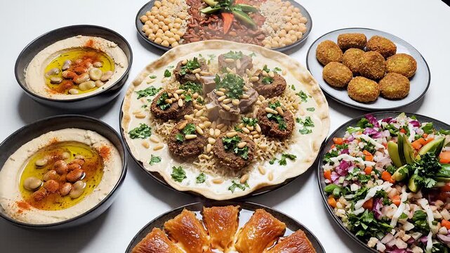 Display of Delicious Middle Eastern Cuisine: Hummus, Falafel, Fatteh, and Salad