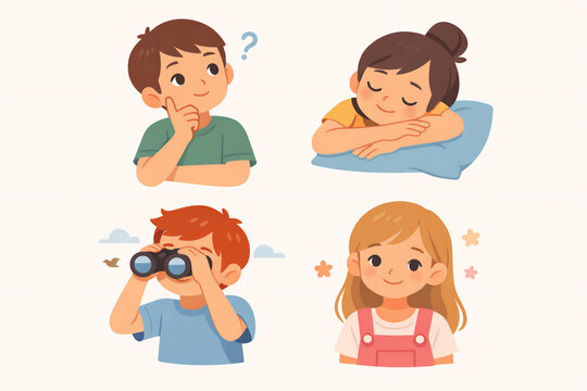cute children emotion and behavior illustration set showing thinking sleeping observing and smiling