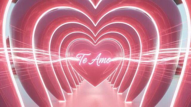 Romantic Heart Tunnel Animation with "Te Amo" Text and Glowing Lines