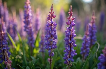 Close view of blooming purple lupine flowers and green leaves on sunny spring day. Tall spikes of violet lupins grow in a garden or meadow, creating natural beauty.