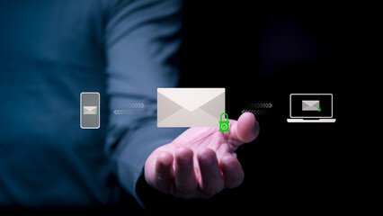 Cybersecurity concept, business presenting secure email transfer between devices. Envelope with...