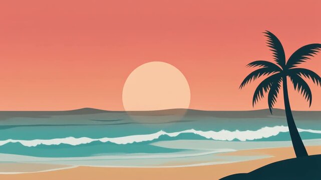 Vibrant tropical sunset scene with a palm tree silhouette on a sandy beach and ocean waves under an orange sky.
