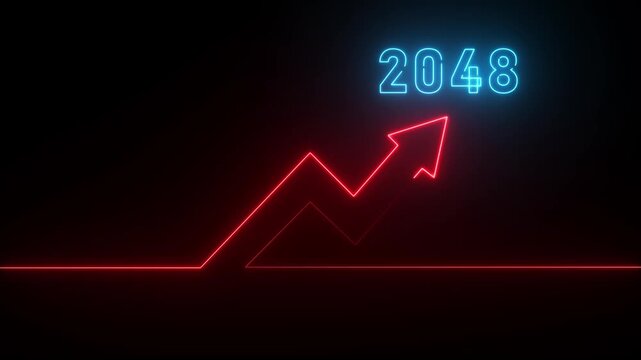 Neon graph with upward trend and year 2048 in blue light against black background chart line