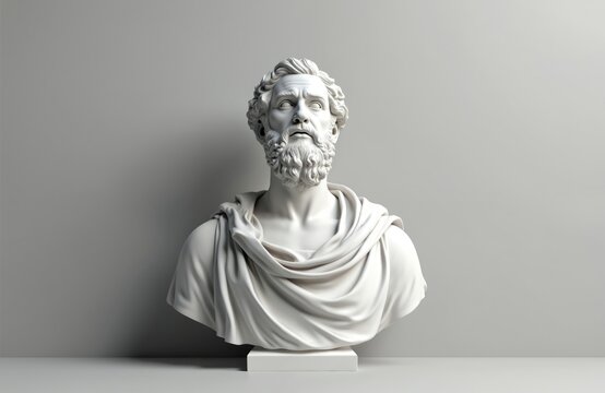 White marble bust of ancient Greek philosopher Socrates. Sculpture displays beard, draped clothing. Represents wisdom, classical era, and reasoned thought. Ideal for educational or historical content.