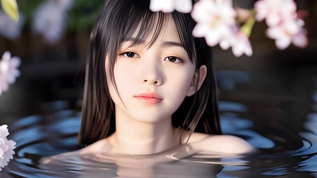 桜の咲く温泉露天風呂に入浴中の若い女性