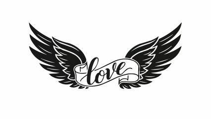 Fototapeta premium Black Wings with Love Banner Tattoo Design.