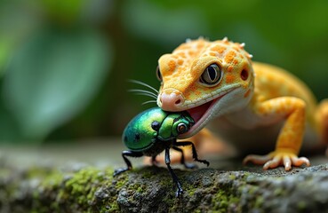 Fototapeta premium Orange spotted gecko reptile hunts green jewel on mossy rock. Close-up macro nature view of lizard eating insect in wild outdoors. Animal wildlife feeding scene.