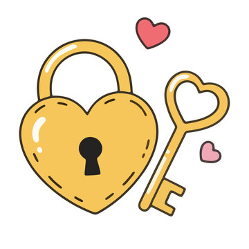 Heart lock and key golden vector icon, romantic heart lock and key symbol of love, security heart lock and key for valentines day.