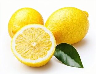 Three vibrant lemons, one halved, with a fresh green leaf