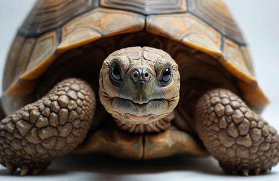 Giant Asian forest tortoise, Manouria emys, frontal view. Large reptile with textured shell and skin stands on white background. Closeup detail of ancient creature.