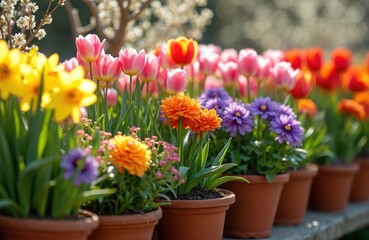 Fototapeta premium Colorful spring flowers like tulips and daffodils grow in brown clay pots. Garden border displays vibrant assortment of blossoms in row, creating lively outdoor display with fresh green foliage.
