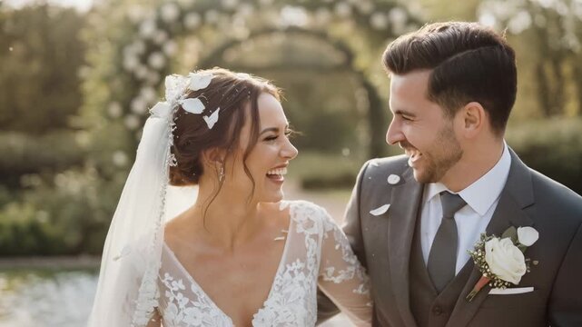 Bride and groom laughing together walking through falling petals at outdoor wedding ceremony in garden with veil lace dress suit ceremony wedding