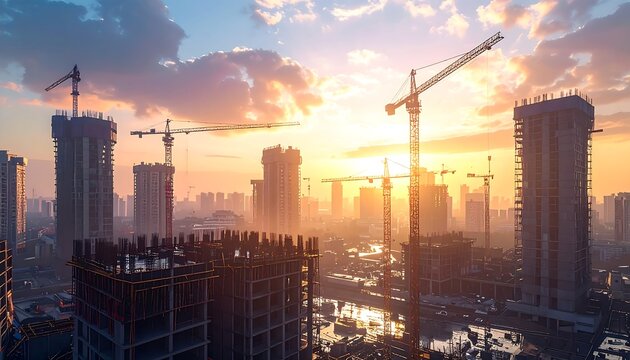 Several high-rise buildings under construction at sunset, with numerous cranes silhouetted against a golden sky
