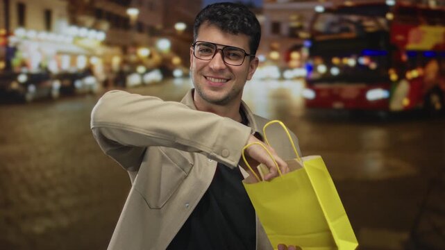Man carries a gift bag before reaching toward merchandise near street vendor as male shopper, guy with young look, hispanic charm amid city bustle at night.