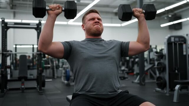 Seated man male adult seated shoulder dumbbell weight strength lifting press overhead focused athletic workout muscular arms determination building