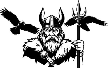 Obraz premium Odin with ravens vector black silhouette print design 